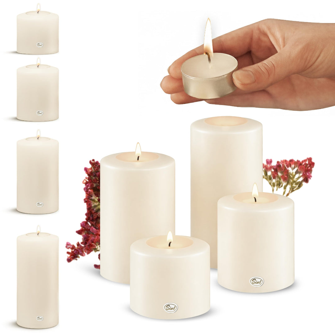 Sin! 4er Set Teelichthalter Classic warmweiss - ∅ 8 cm - Höhen 9/12/15/18 cm, Dauerkerze mit Teelich