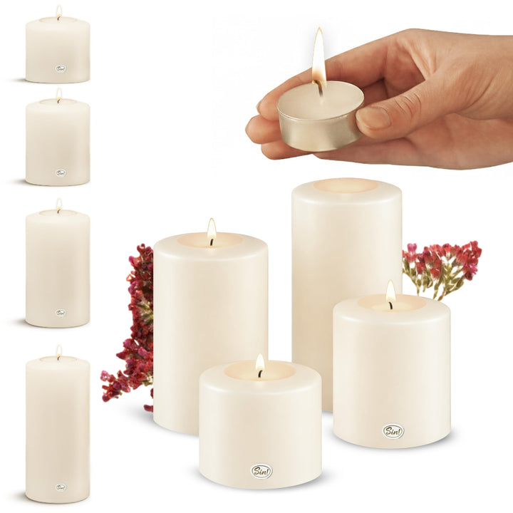 Sin! 4er Set Teelichthalter Classic warmweiss - ∅ 8 cm - Höhen 9/12/15/18 cm, Dauerkerze mit Teelich