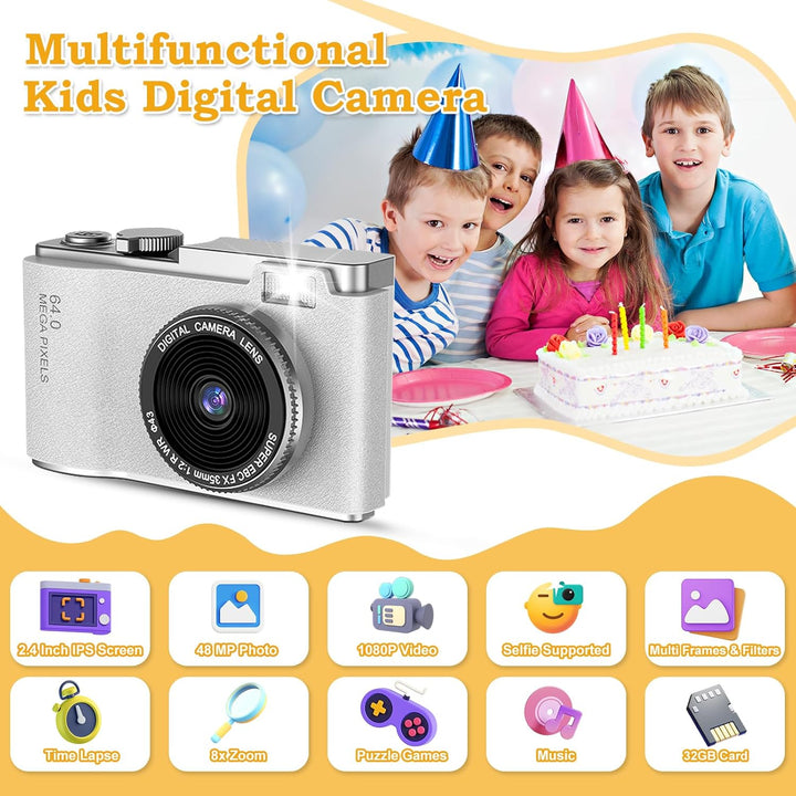 AKOFIC Kinderkamera, 2,4 Zoll 1080P HD Bildschirm Kamera Kinder mit 32GB Karte, Selfie Digitalkamera