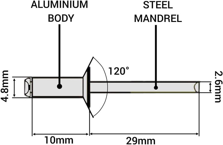 SKIR'CO (600 Stück) Senkkopf Aluminium Blindnieten 4,8 x 10 mm, Stahldorn, Popnieten 600 4.8 x 10 mm