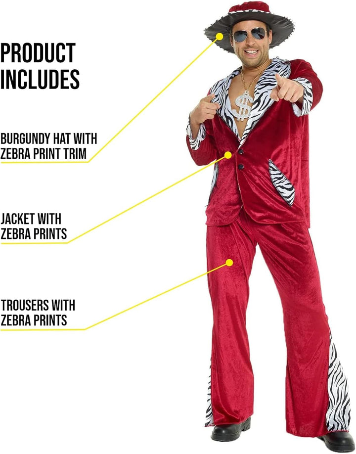 Morph Rotes Pimp Kostüm für Herren, 70er Jahre Outfit, Perfekt für Vegas und Halloween XL, XL