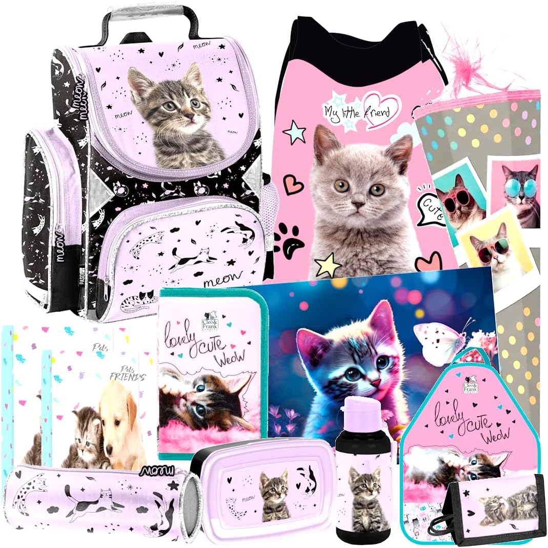 Katze Cat 8 Teile Set SCHULRANZEN Ranzen Tasche Schulrucksack Rucksack Federmappe Tornister Schultüt