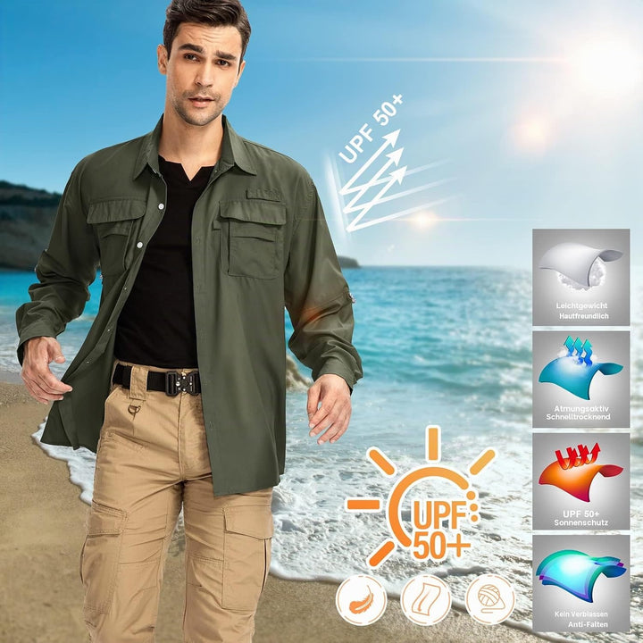 Outdoor Hemd Herren Langarm Safari Hemd UPF50 UV Schutz Funktionshemd Atmungsaktiv Button Down Hemd