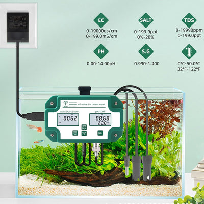 Kadimendium Wasserqualitätsmessgerät Hochpräzise 6 in 1 PH TDS EC SG Salztemperaturtester WiFi-Verbi