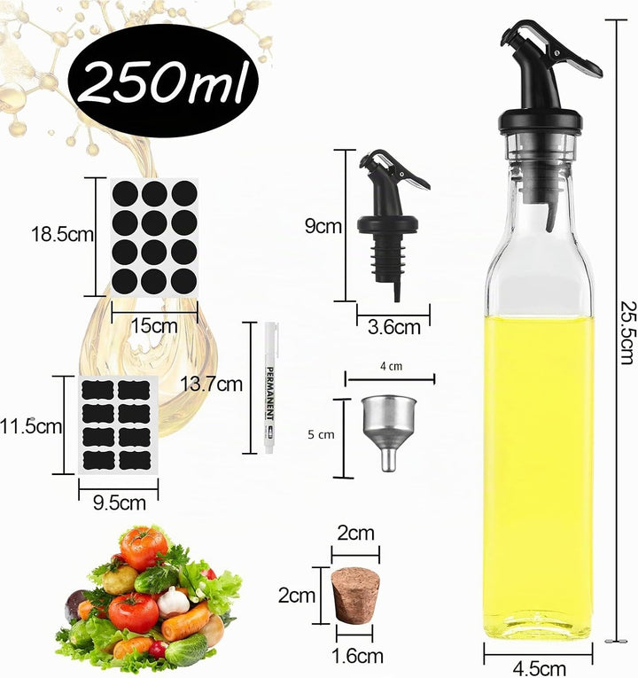 Ölflasche,Ölspender mit Trichter 6 x 250 ml, Ölflasche aus Dickem Glas ohne Blei, Essig und Ölflasch