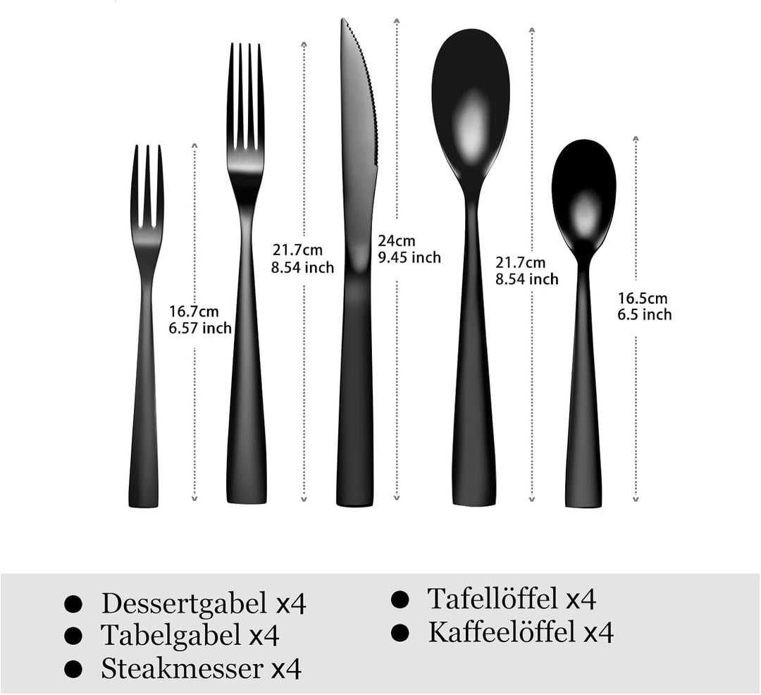 Otto Koning - Berlin - Besteck schwarz 4 Personen, Essbesteck Set 20 teilig, Titanium schwarz platti