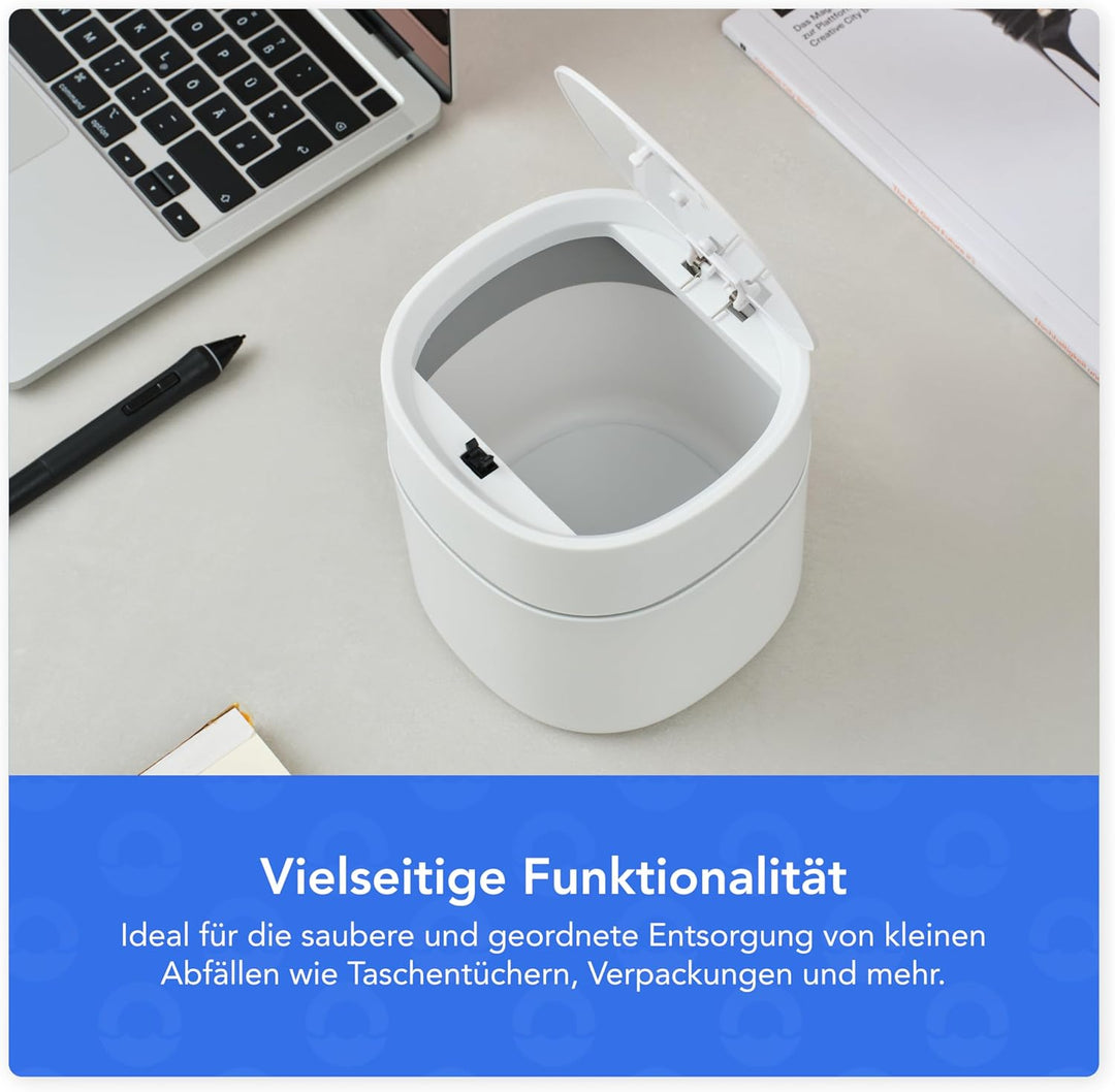 Bamodi Mini Mülltonnen 2L – Weisser Tischmülleimer mit Deckel für Snacks, Kosmetik, Küchenabfälle –