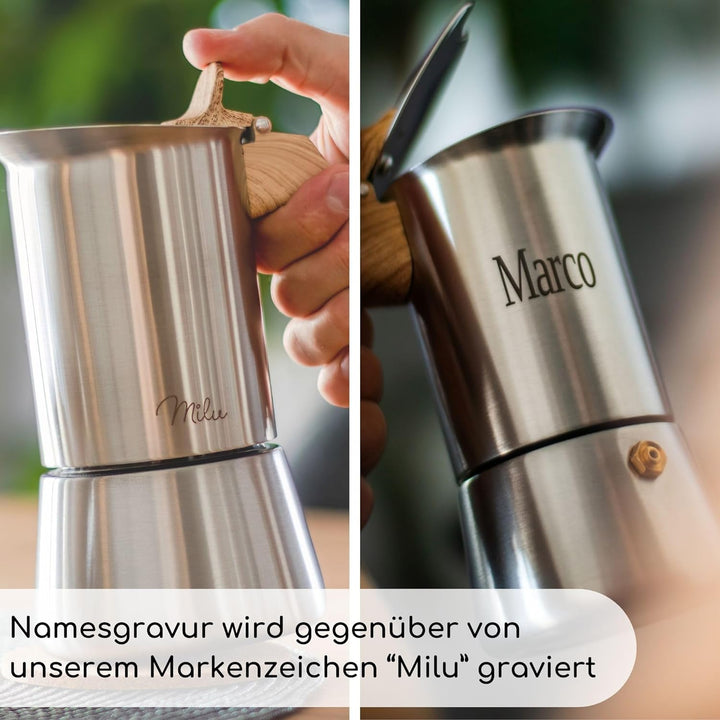 Milu Espressokocher mit Gravur (2 Cup No Induktion) | 2 4 6 9 Tassen| Edelstahl Mokkakanne, Espresso