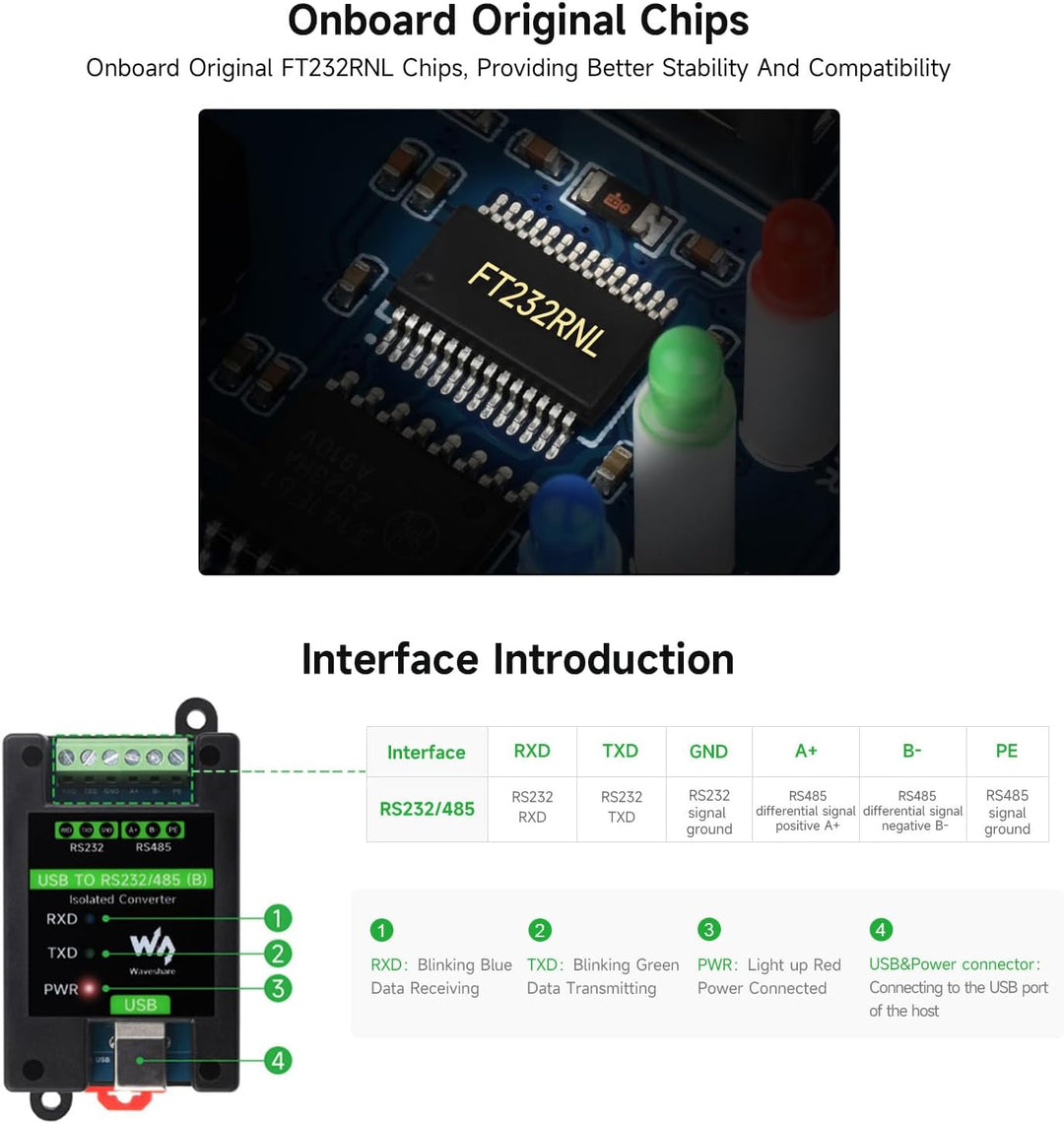Waveshare USB to RS232/485 Industrial Grade Isolated Converter, Onboard Original FT232RNL Chip, Mult