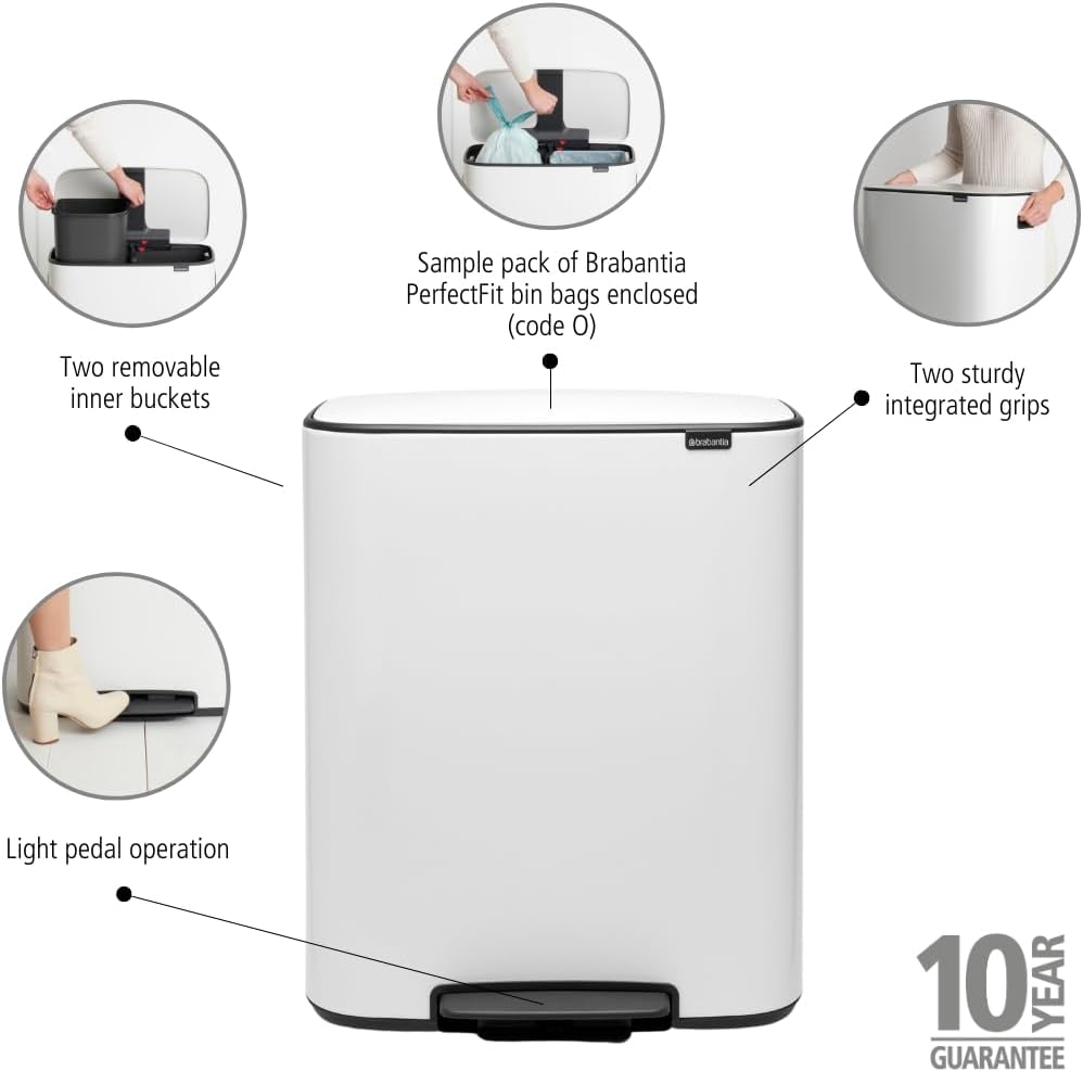 Brabantia 211447 Treteimer Bo, 2 x 30L, Weiss 2 Inneneimer (2 x 30L) White, 2 Inneneimer (2 x 30L) W