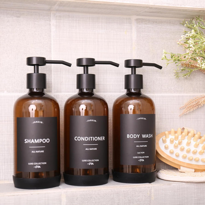 Janxin Shampoo- und Spülungsspender, Set mit 3 nachfüllbaren 600 ml Shampoo-Flaschen mit rutschfeste