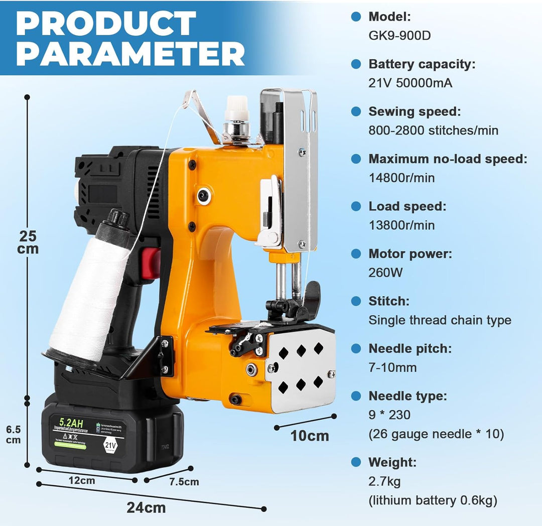 MXBAOHENG Sacknähmaschine mit 1 akku 21V Einstellbare Geschwindigkeit Beutelverschliessmaschine mit