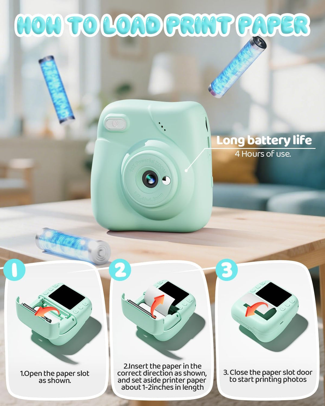 CAMCLID Kinderkamera Sofortbildkamera, 1080P Sofortbildkamera Kinder mit 32GB Karte & 3 Rollen Druck