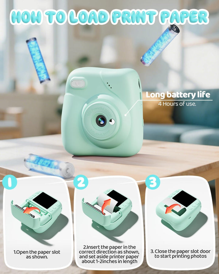 CAMCLID Kinderkamera Sofortbildkamera, 1080P Sofortbildkamera Kinder mit 32GB Karte & 3 Rollen Druck