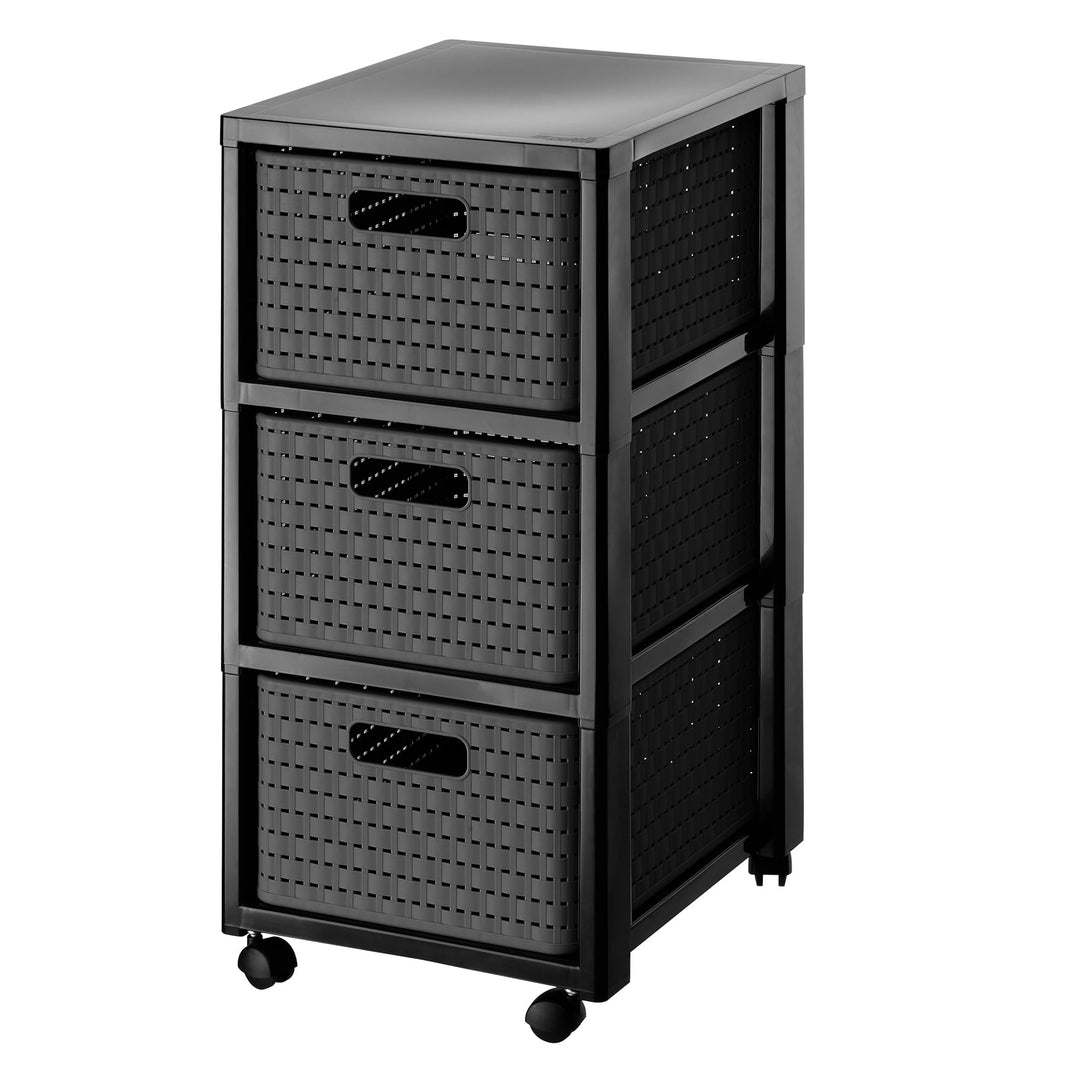 Rotho Country Rollcontainer mit 3 Schubladen in Rattan-Optik, Kunststoff (PP) BPA-frei, anthrazit, 3