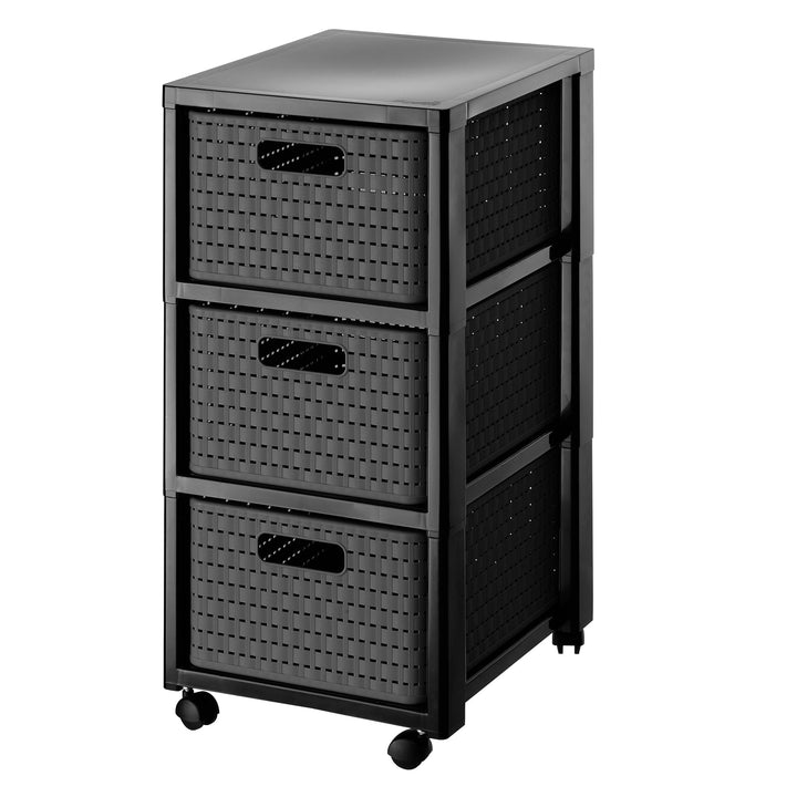 Rotho Country Rollcontainer mit 3 Schubladen in Rattan-Optik, Kunststoff (PP) BPA-frei, anthrazit, 3