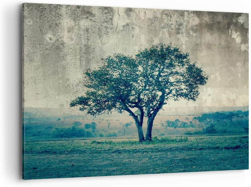 Bilder auf Leinwand 100x70cm Leinwandbild mit Rahmen Baum Natur Feld Gross Wanddeko Bild Schlafzimme