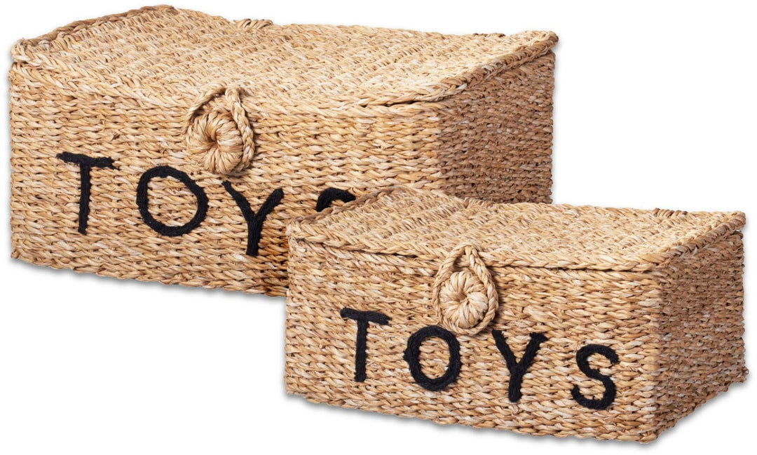 Spielzeugkiste mit Deckel Seegras Spielzeugkorb Aufbewahrungsbox Toys Boho Kinderzimmer Deko 2-er SE