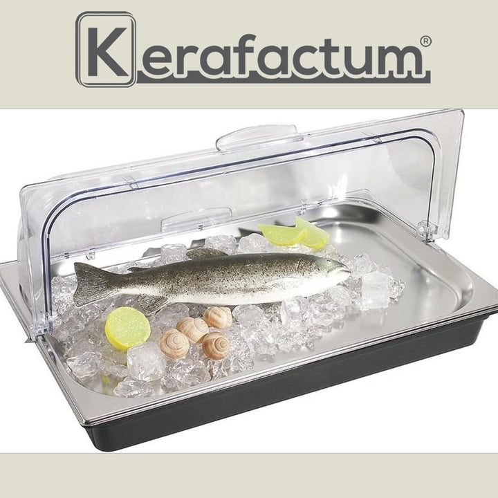Kerafactum Kühlplatte mit Haube und 4 Kühlakkus Servierplatte mit Rolltophaube für Büfett Kühlung Kü