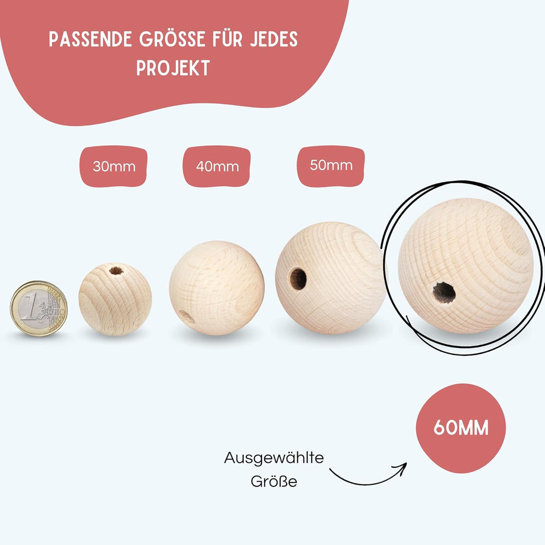 EV® Holzkugeln mit Loch - 6 Stück 60mm Durchmesser - Made in Austria - Grosse Holzperlen mit 10mm Bo