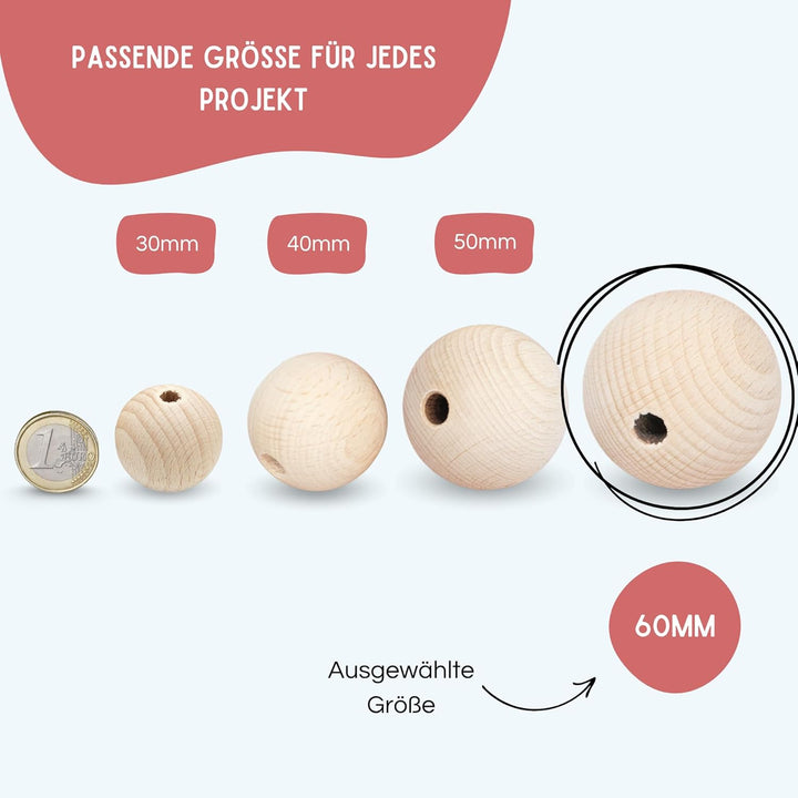 EV® Holzkugeln mit Loch - 6 Stück 60mm Durchmesser - Made in Austria - Grosse Holzperlen mit 10mm Bo