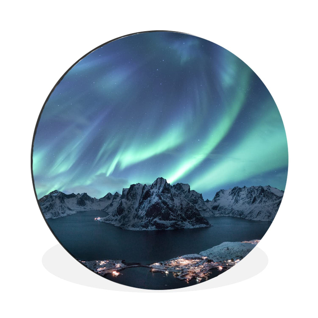 MuchoWow Wandbild Rund Wanddeko Deko Wohnzimmer Bilder 60x60 cm Nordlichter - Grün - Meer, 60x60 cm