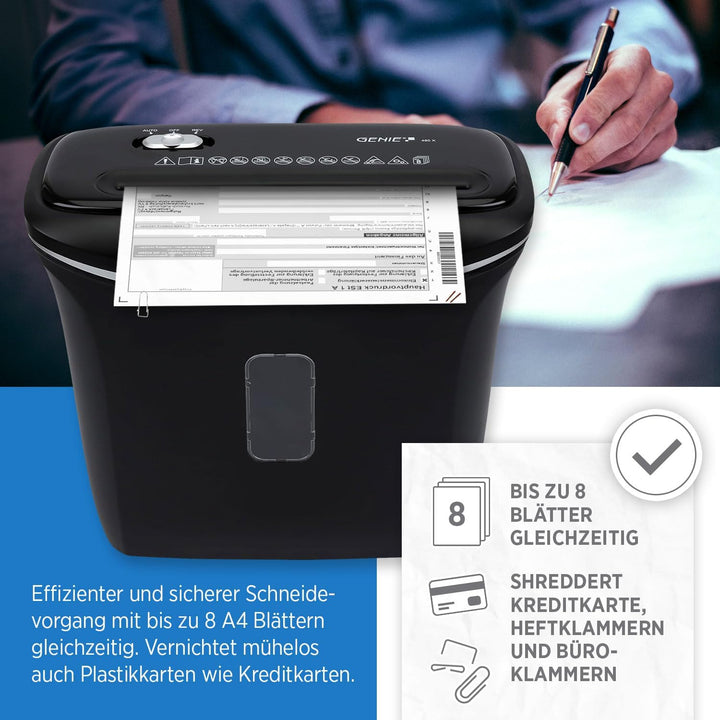 Genie 480X Aktenvernichter Shredder | Papierschredder 8 Blatt Partikelschnitt | Sicherheitsstufe P-4