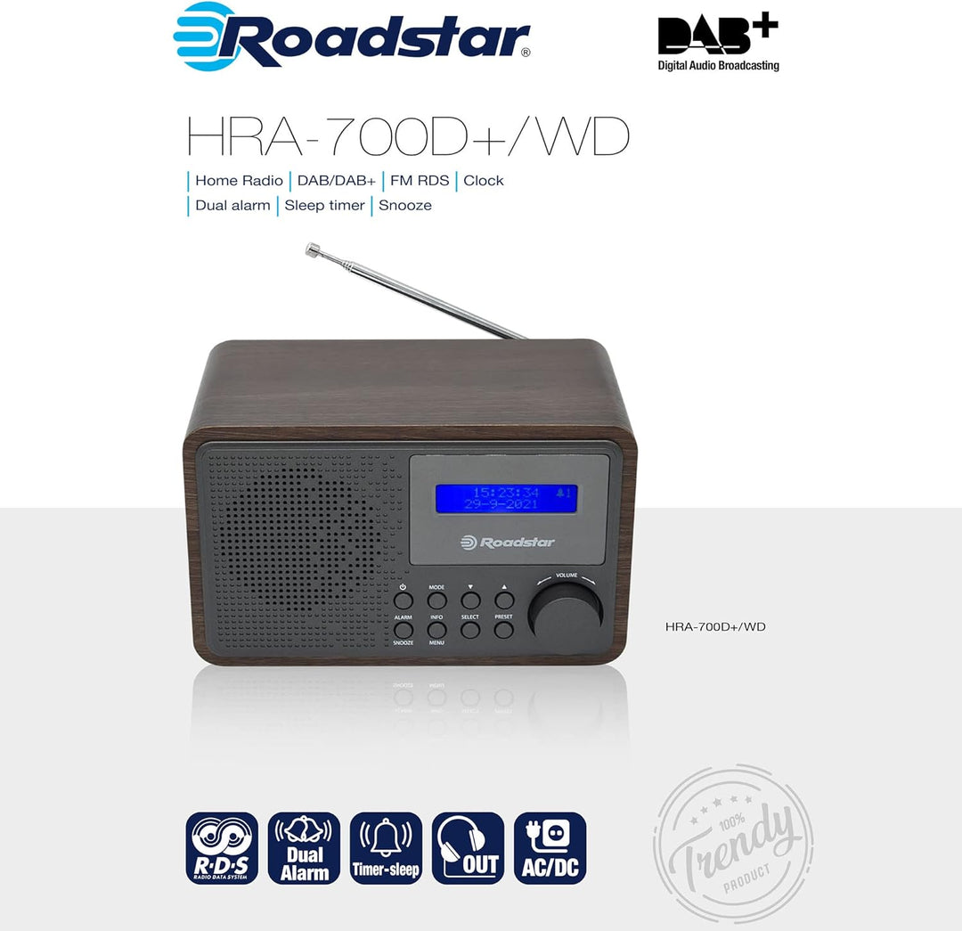 Roadstar HRA-700D+/WD Tragbares Radio Vintage Digital Dab/Dab+/FM funktioniert mit Netzwerk oder Bat
