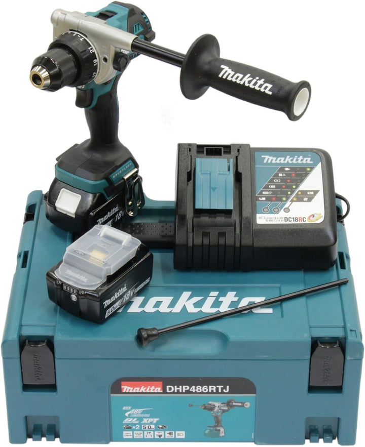 Makita DHP486RTJ Akku-Schlagbohrschrauber 18V / 5,0 Ah, 2 Akkus + Ladegerät im MAKPAC Petrol mit 2 A