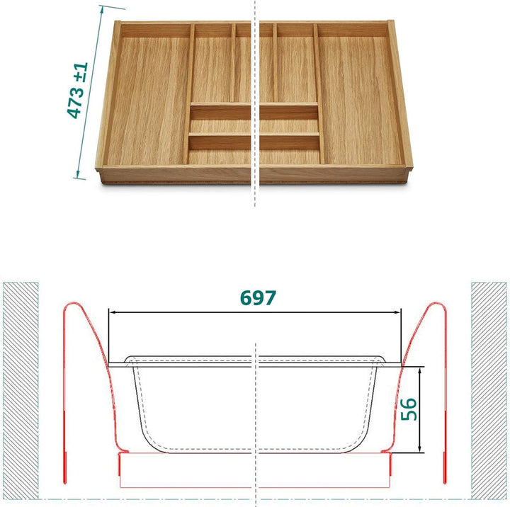 ORGA-BOX III EICHE Besteckeinsatz für 80er Schublade für Nobilia ab August 2012 (473 x 697 mm) Holz-