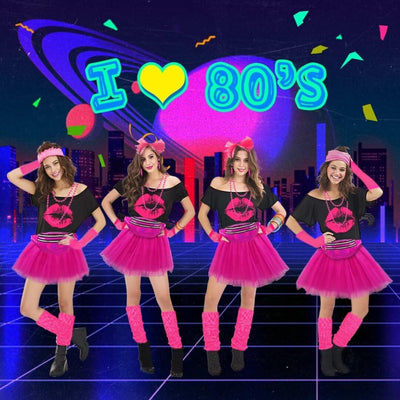 WILDPARTY 80er Jahre Outfit Damen Set, T-Shirt, Tutu, Gürteltasche, Stirnband, Ohrring, Halskette, N