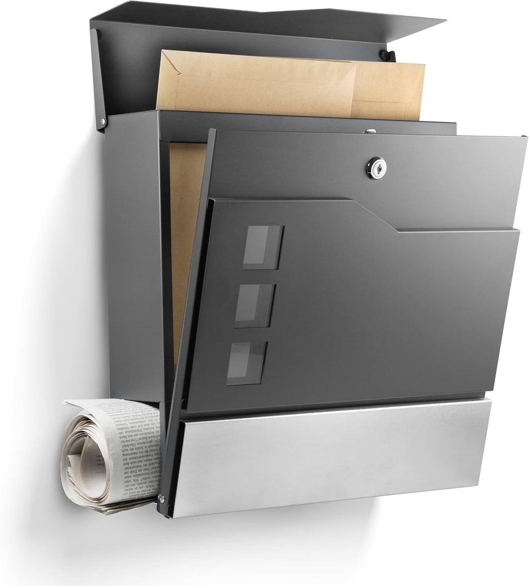 Moderner Briefkasten Personalisierbar Stockholm Anthrazit RAL7016 - mit Zeitungsfach - Wandbriefkast