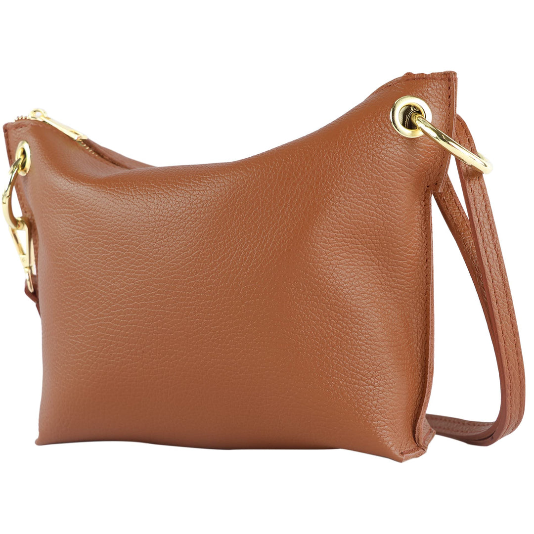 modamoda de - T243 - ital. Umhängetasche Klein Small aus Leder Cognac, Cognac