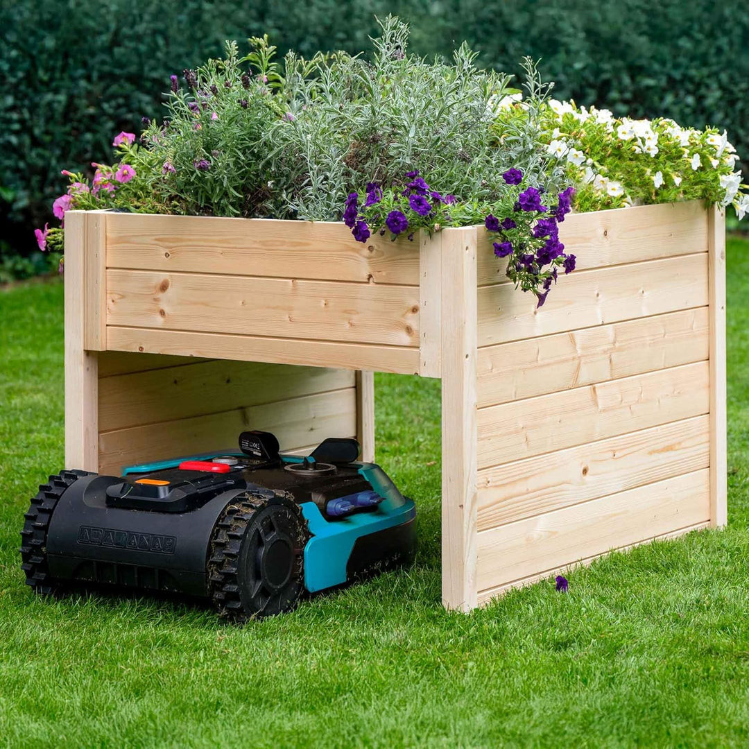 dobar® Grosse Mähroboter-Garage aus Holz mit Pflanzkasten inkl. Folie - Rasenmäher Garage - 79 x 73