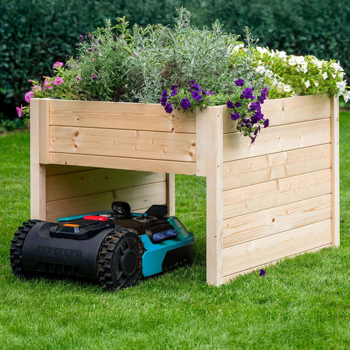 dobar® Grosse Mähroboter-Garage aus Holz mit Pflanzkasten inkl. Folie - Rasenmäher Garage - 79 x 73