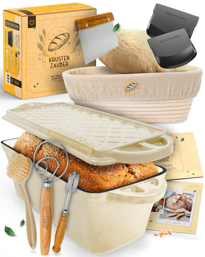 KRUSTENZAUBER Brotbackform mit Deckel emailliert im XXL-Komplettset - Robuste 28 cm Gusseisen Brotba
