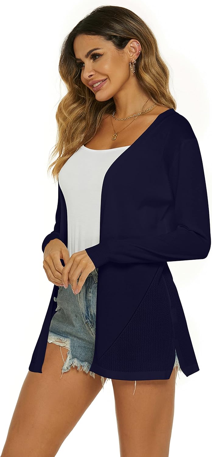 Damen Strickjacke Sommer Cardigan Elegant Lang Jacke Leichte Langarm Offene Strickjacke Sommerjacke,