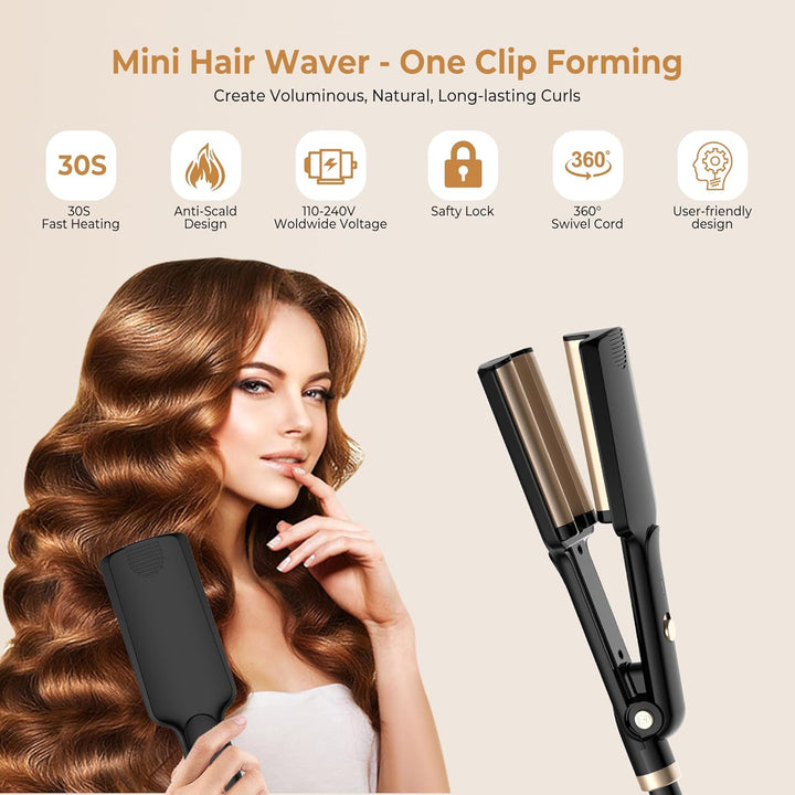 UKLISS Welleneisen für Haare - Pro Mini Welleneisen, 3 Fässer Beach Waves Lockenstab, Mermaid Hair W