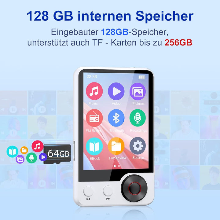 128GB MP3-Player mit Bluetooth 5.3, Tragbarer Verlustfreier HiFi-Musikplayer mit Zwei Kopfhöreransch