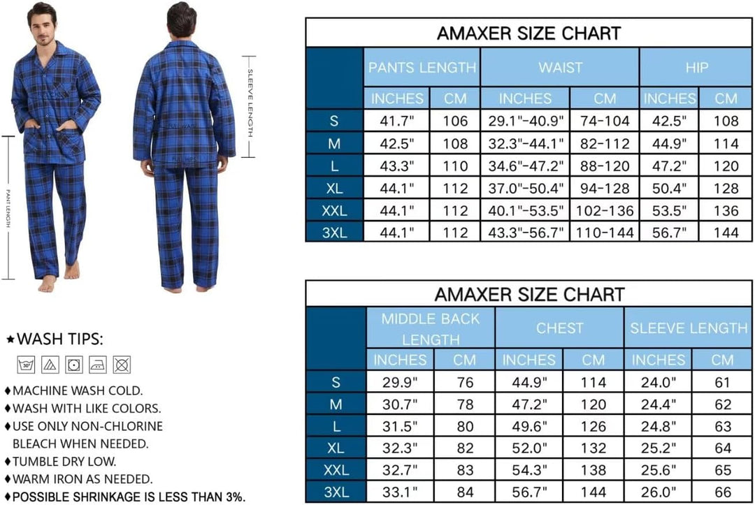 Amaxer Flanell Schlafanzug Herren 100% Baumwolle Pyjama mit Knopfleiste Set Lang Warmer Winter Schla