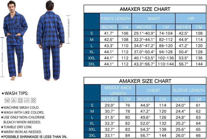 Amaxer Flanell Schlafanzug Herren 100% Baumwolle Pyjama mit Knopfleiste Set Lang Warmer Winter Schla