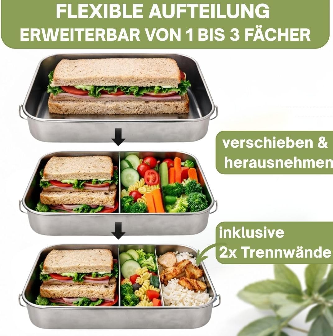 Premium Lunchbox 1400 ml aus Edelstahl – auslaufsichere Brotzeitbox mit Fächern, nachhaltige Bento-b