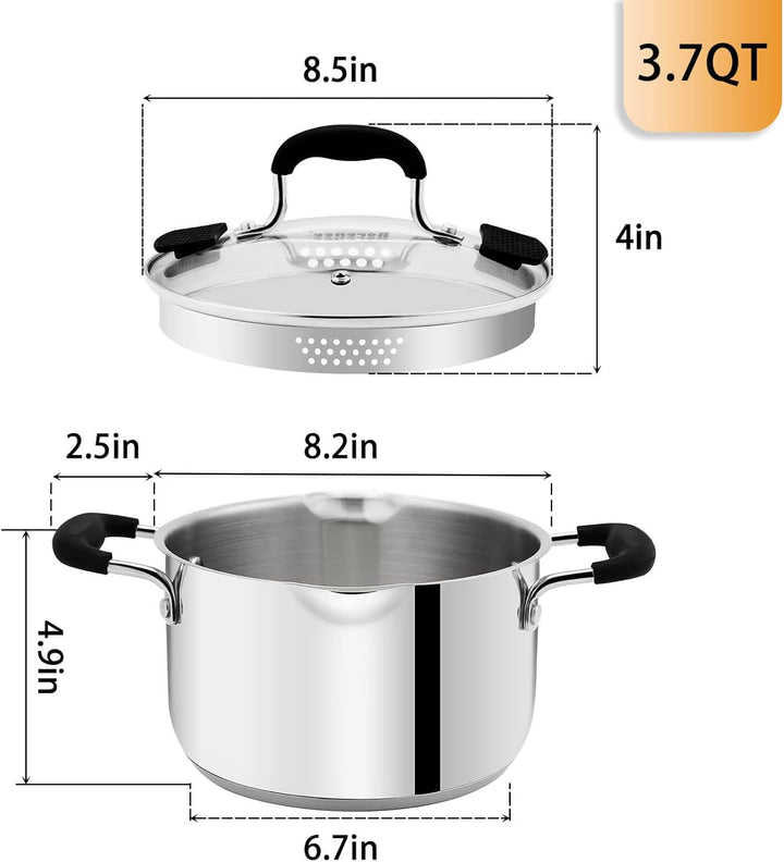 3.5L Edelstahl 18/8 Kochtopf Induktionsgeeignet für alle Herdarten, Glasdeckel mit Abgiesslöchern, S