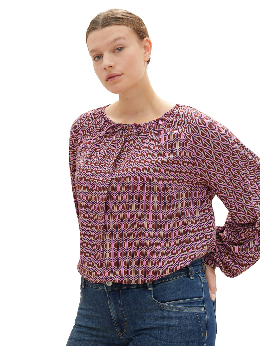 TOM TAILOR Damen Plussize Bluse, 33989 - Brown Geometrics Print