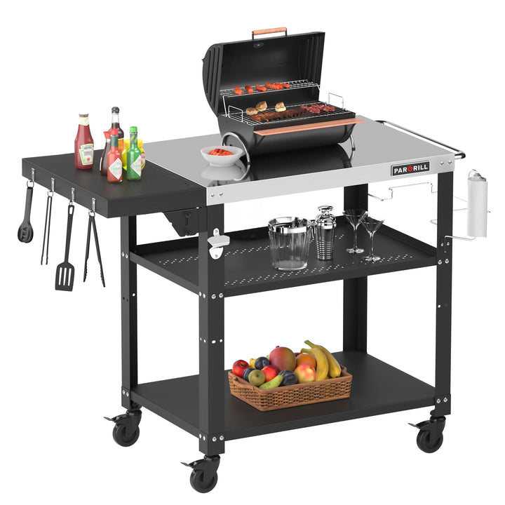 Grillwagen beweglicher Servierwagen mit 3 Ebenen, klappbarem Beistelltisch und 360° schwenkbaren Rol
