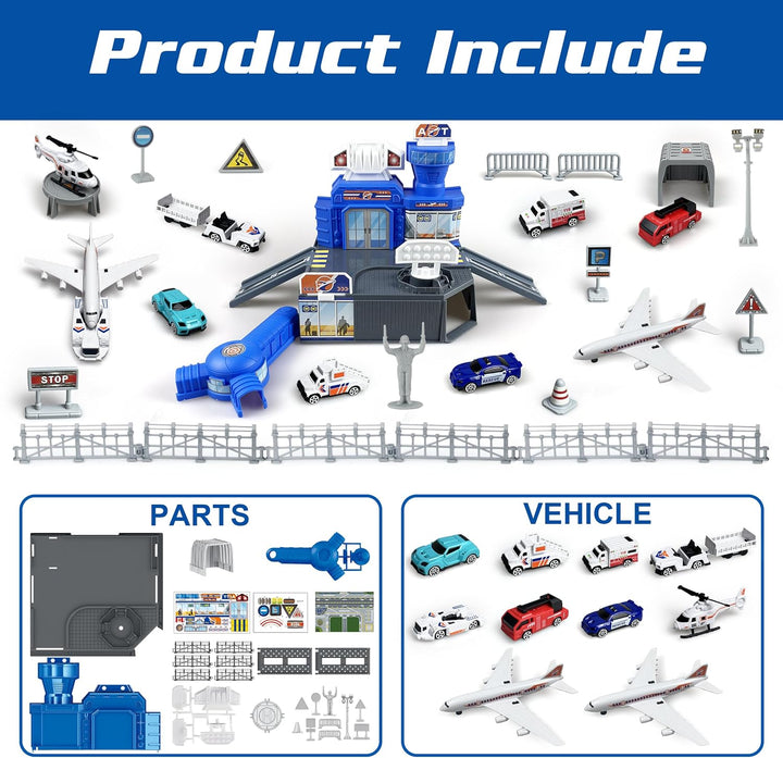Flugzeug Spielzeug Set mit Lastwagen, Hubschrauber, Flugzeuge, Schilder und Flughafen-Spielmatte, in