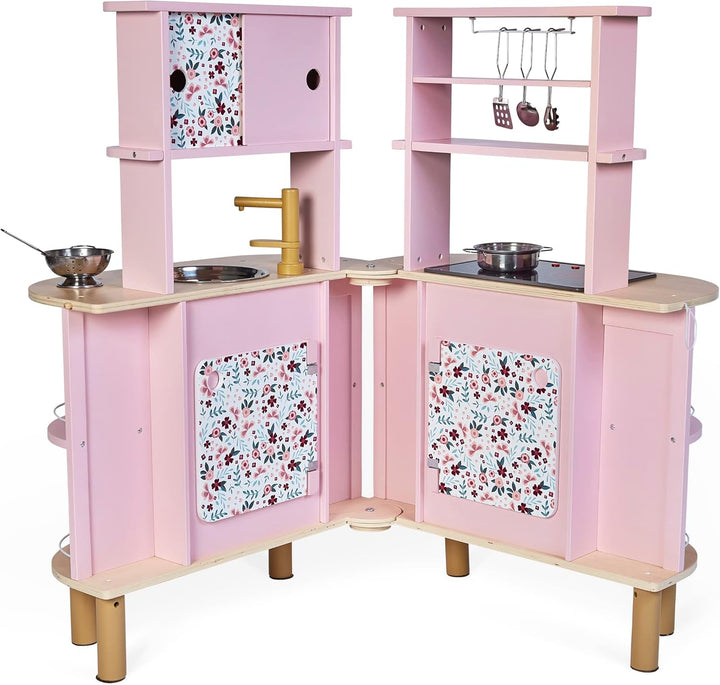 Janod - Twist Kinderküche aus Holz - Doppelseitige Küche - Mit 8 Utensilien - Ofen, Drehknöpfe, Koch