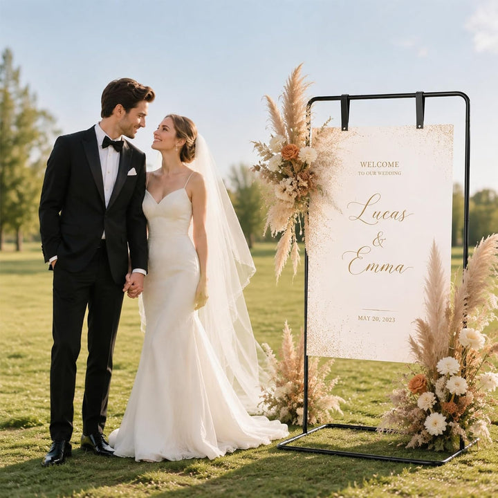 Hochzeitsschild Halter Metall 80 * 50 * 173cm, Verstellbare Staffelei für Willkommensschild, Sitzpla