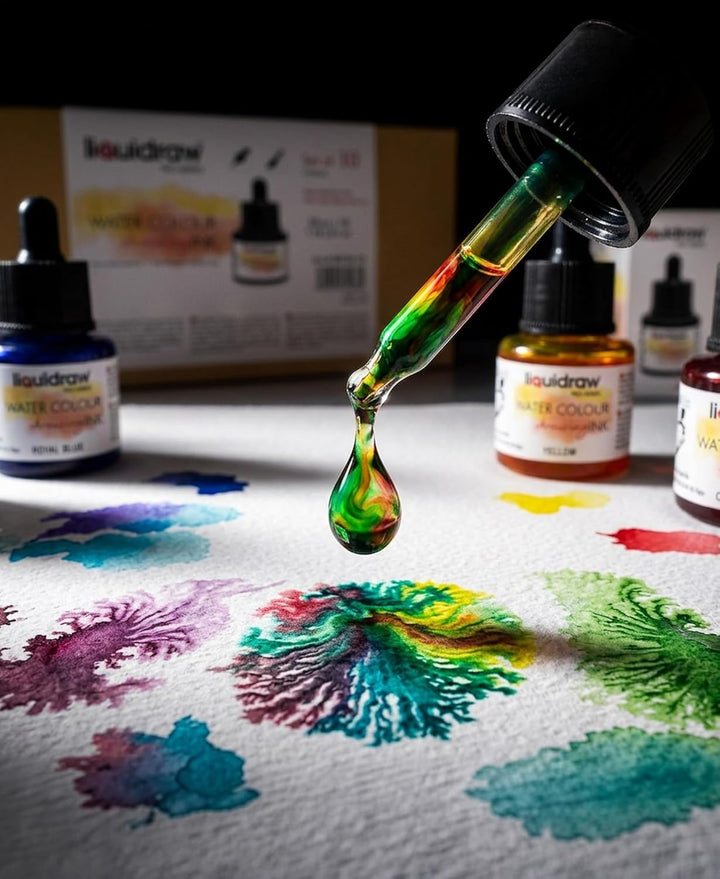 Liquidraw Aquarell-Zeichentinte, Set mit 10 verschiedenen Farben, 35-ml-Flaschen mit Tintentropfer,