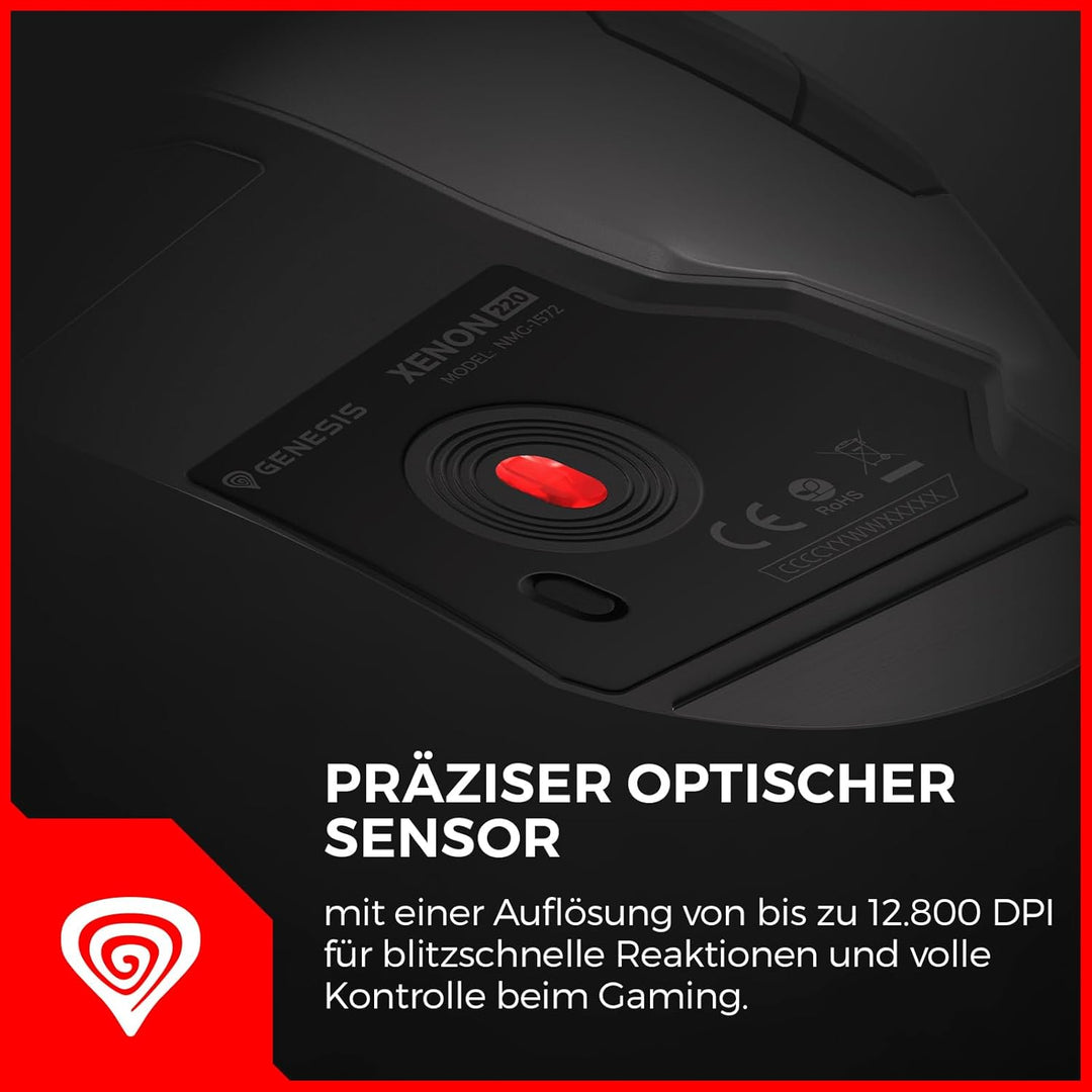 Genesis Xenon 220 G2 Gaming Maus kabelgebunden, leise Klicks, optischer Sensor bis 12800 DPI, RGB-Be